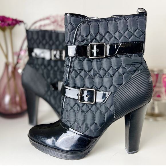 Calvin Klein Diamond Quilted Nylon Leather Trim Heeled Ankle Booties Black 8.5 - Picture 1 of 15